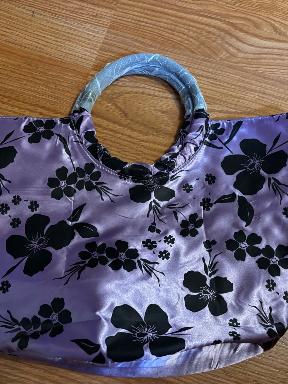Avon Lavender Satin Tote with Black Floral Print and Round Handles